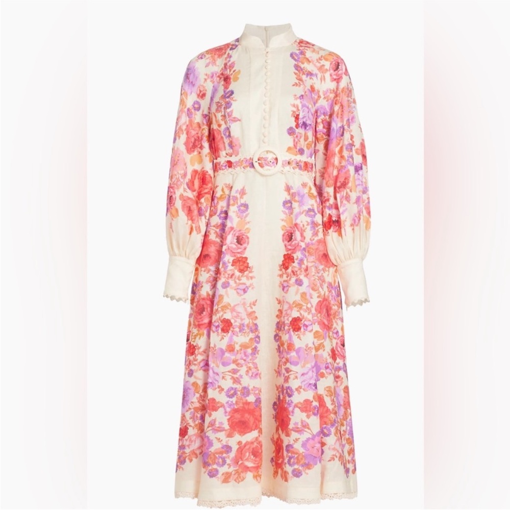 Zimmermann Cream and Pink Ruffled Tiered Midi Dress